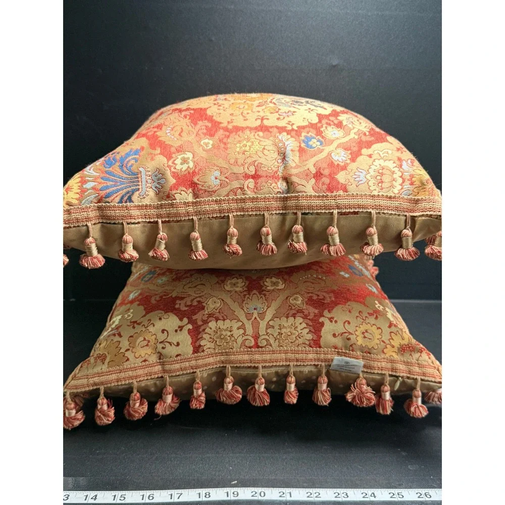 Waterford Linens Set of 2 Red Gold Damask Tassel Fringe Throw Pillows 18x18